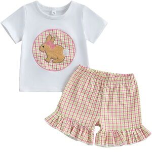 Toddler Girls Easter Bunny Applique Boutique Gingham Short Set 2T-3T